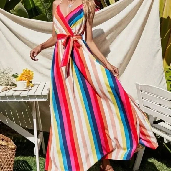 Boho Striped V neck Belted Cami Color Block Dress - Picture 5 of 5